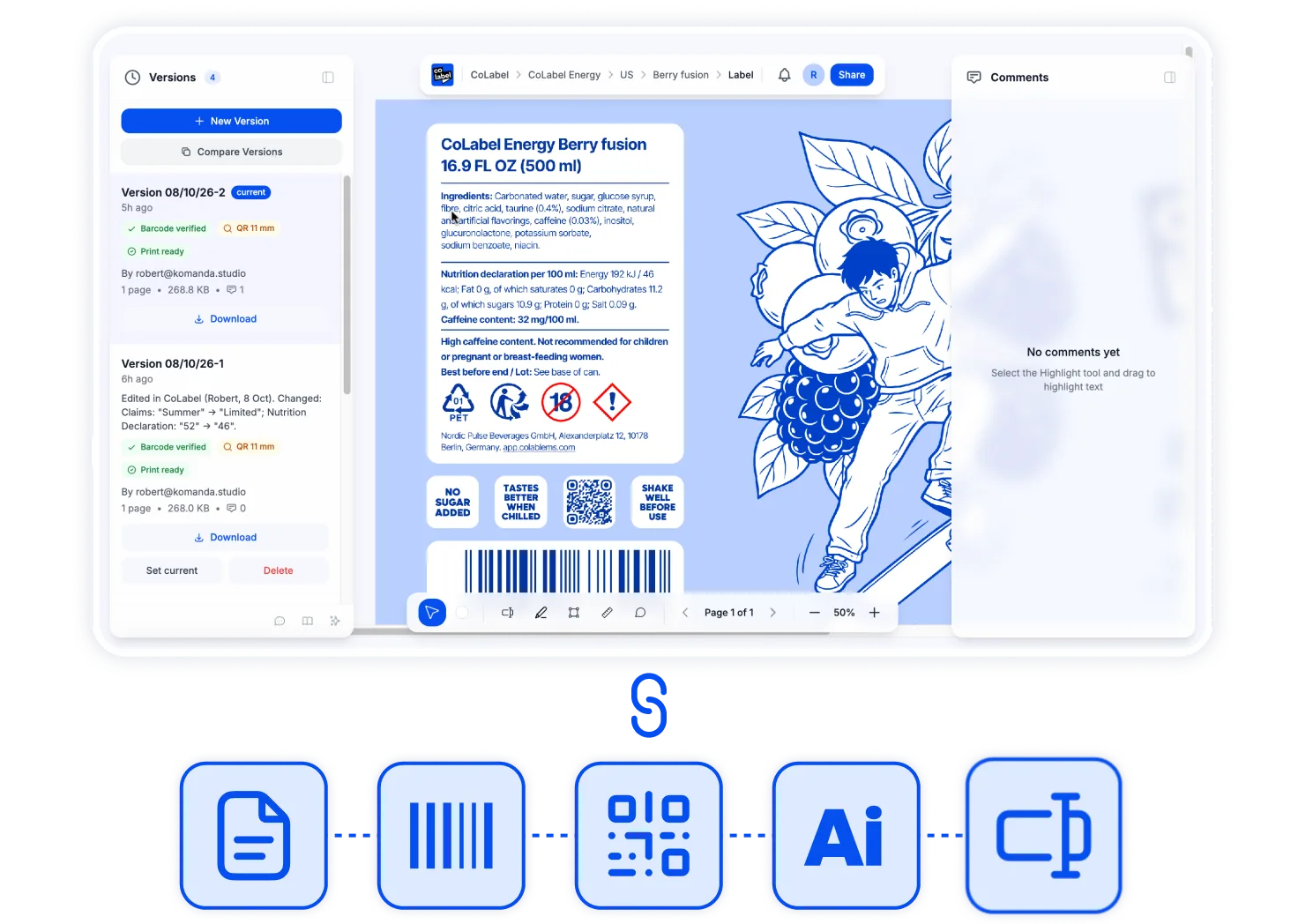 A label in CoLabel with its versions, linked to its design file, barcode, QR code, Illustrator file and content fields