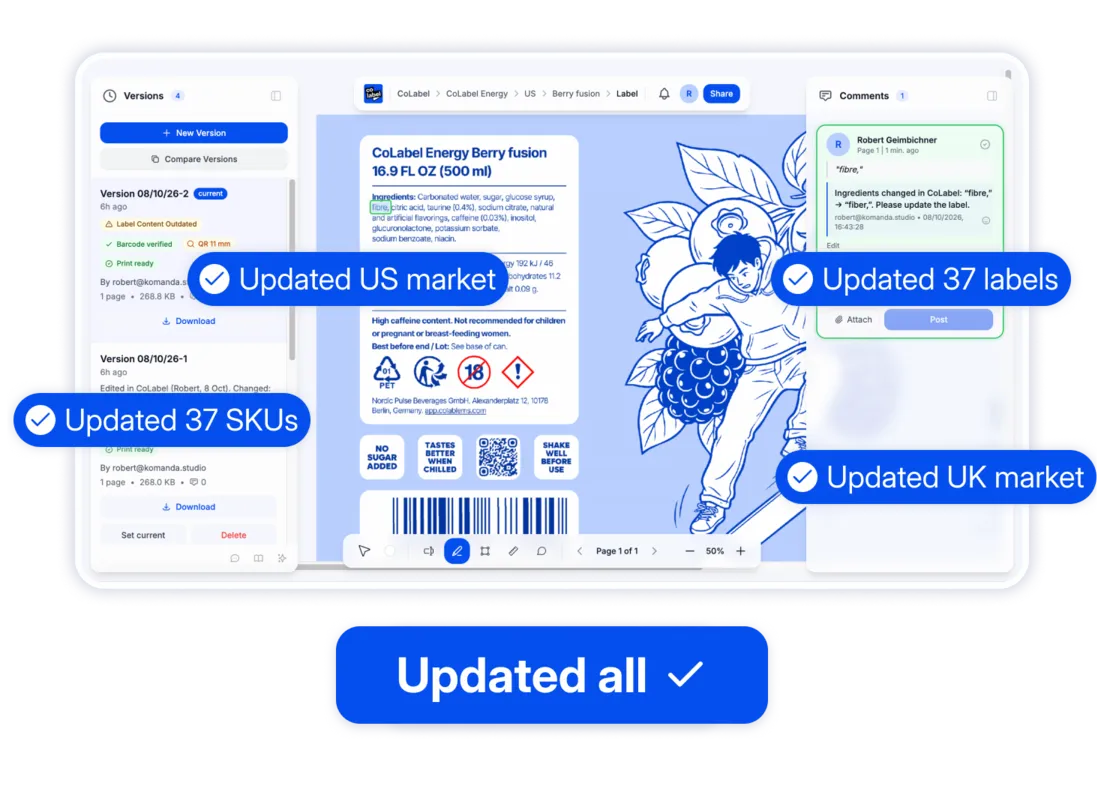 One change in CoLabel updating the label for the US and UK markets, 37 SKUs and 37 labels at once
