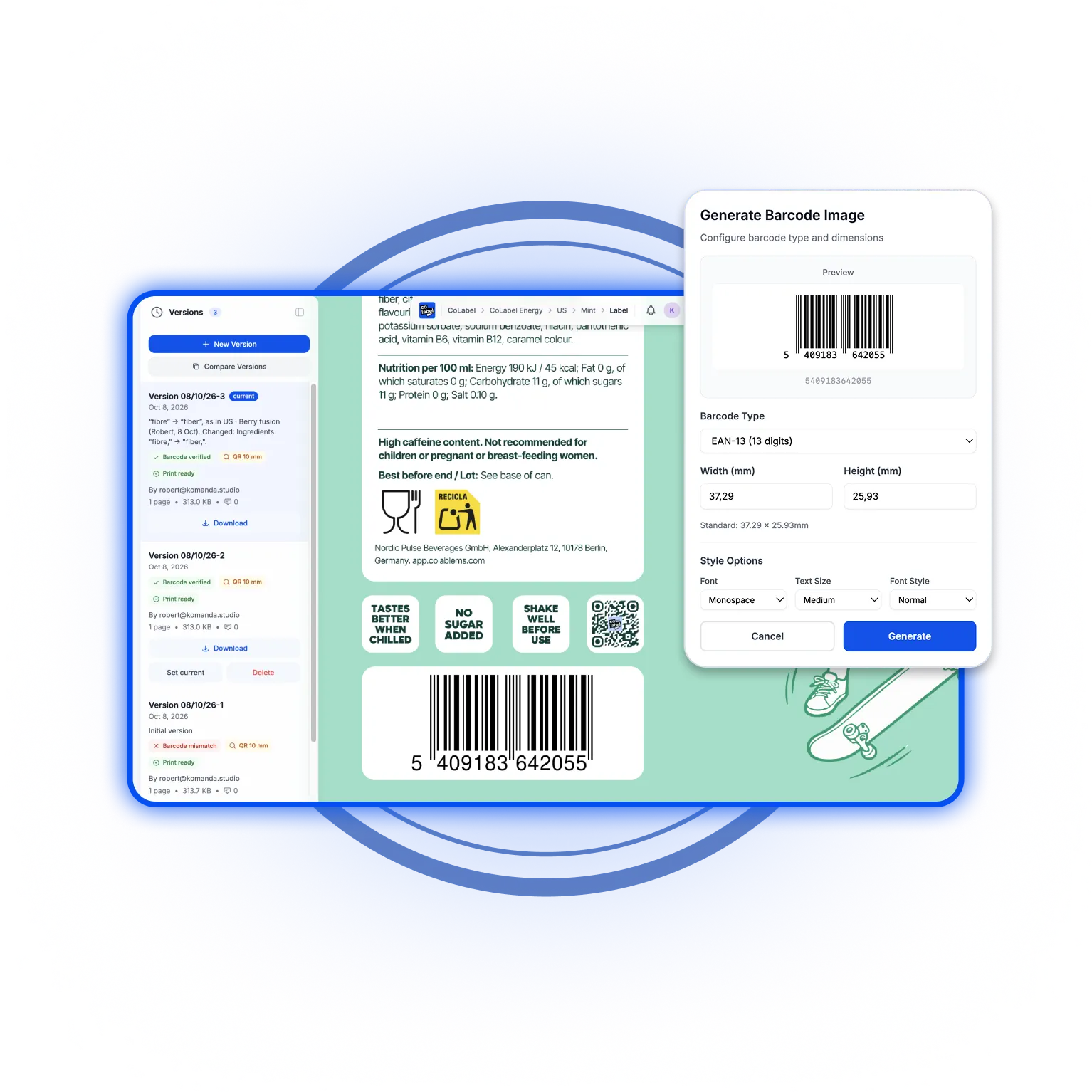 A label in CoLabel with its versions, barcode check and the barcode generator