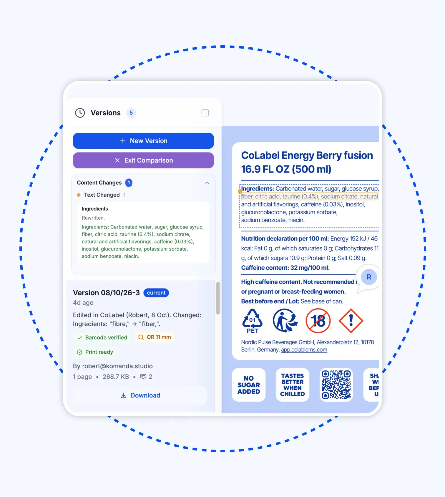CoLabel version history: the new version notes the ingredients change from “fibre” to “fiber”, barcode verified and print-ready