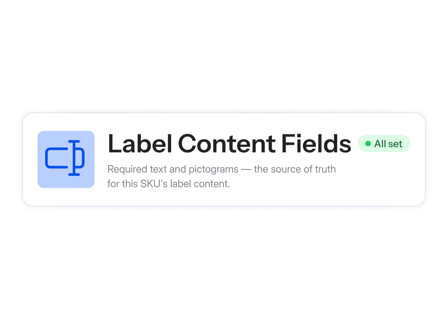 The Label Content Fields panel of a SKU in CoLabel, all required fields filled and marked “All set”