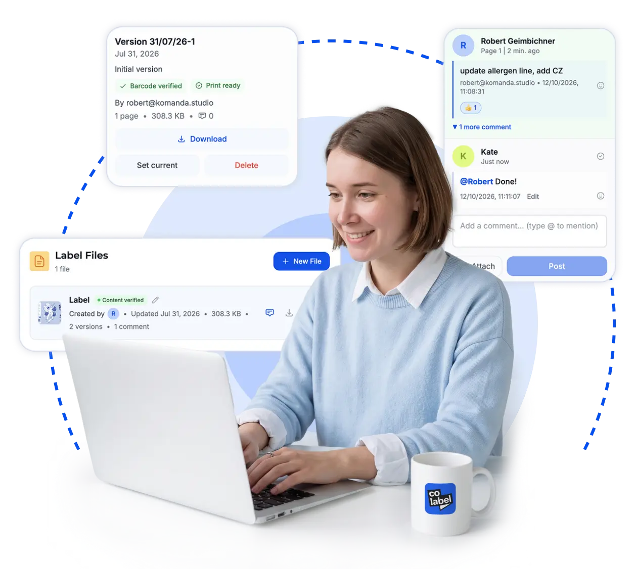 A label designer at her laptop, with a CoLabel label file, its versions and a comment thread around her