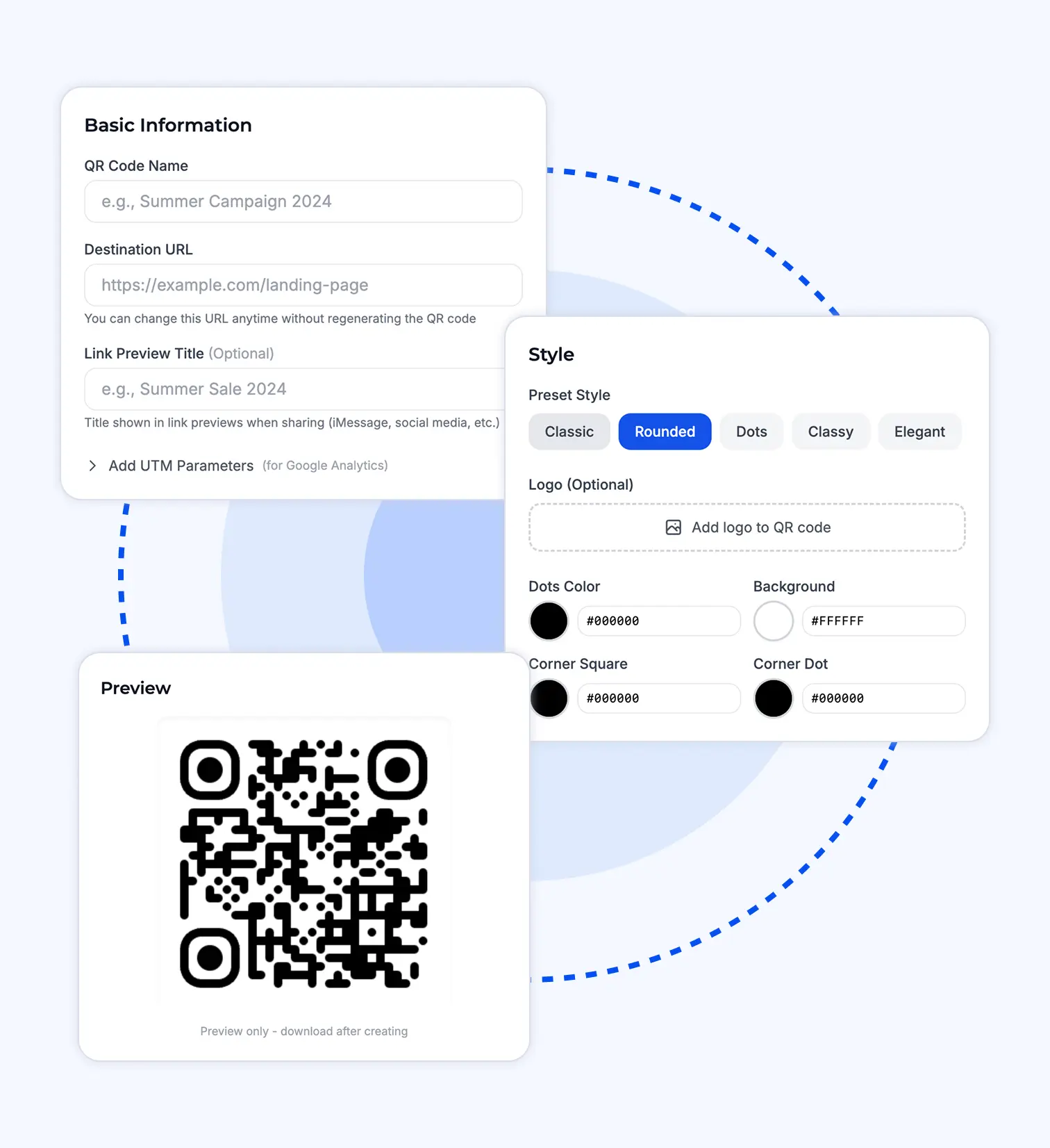 Creating a dynamic QR code in CoLabel: name, destination URL, dot and corner style, colours, an optional logo and a live preview