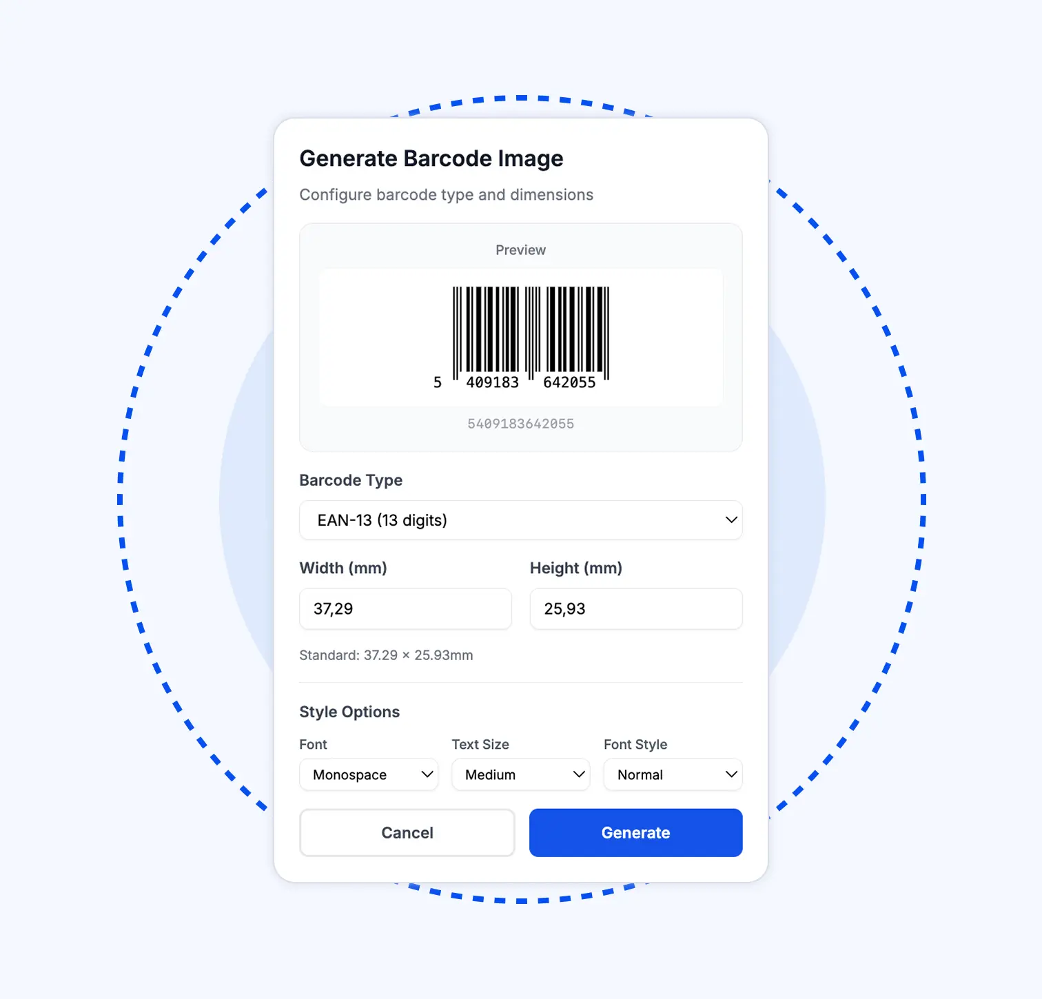 Generating an EAN-13 barcode image in CoLabel, with type, size and style options