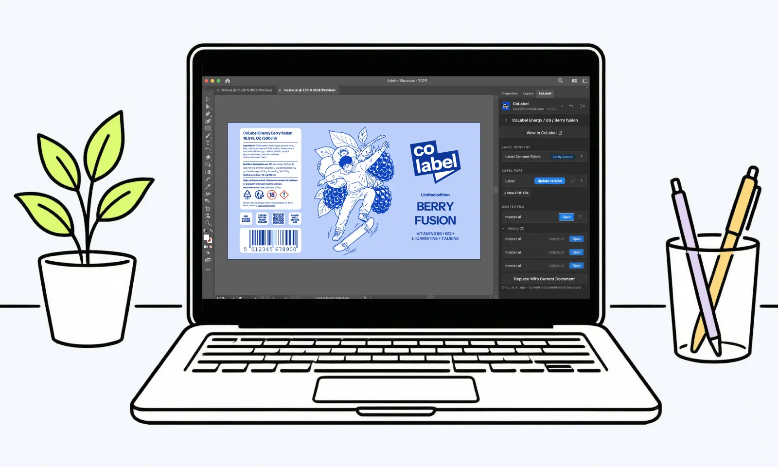 A label design open in Illustrator with the CoLabel panel, on a laptop