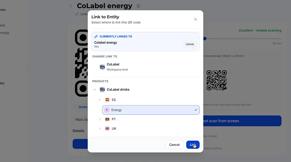 CoLabel QR code linked to product workspace showing Link to Entity dialog