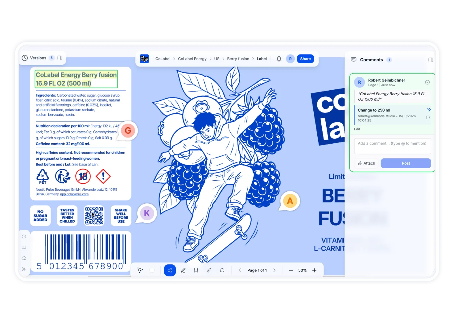 A label open in the CoLabel viewer, a comment pinned on the product name and the reviewers’ thread beside it