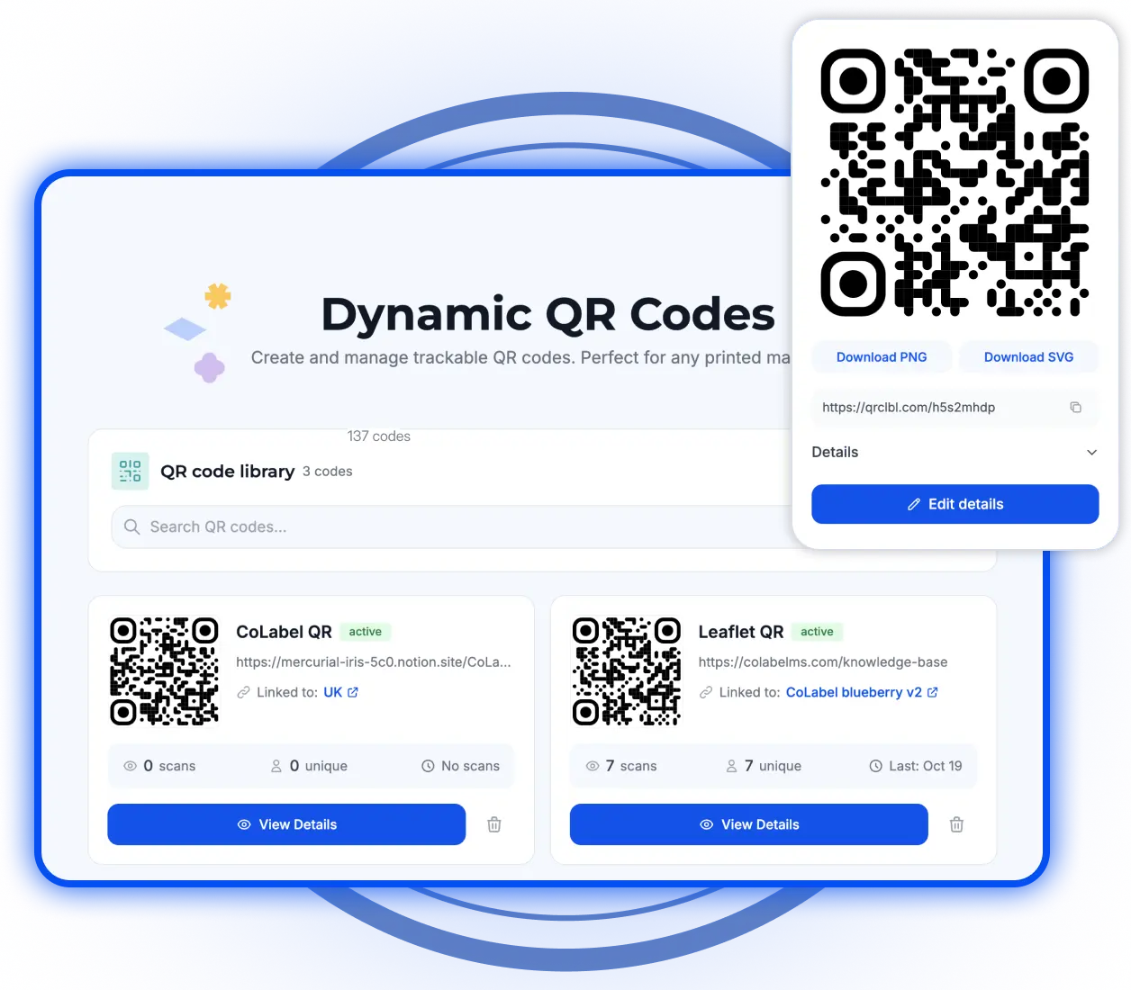 The Dynamic QR Codes library in CoLabel: a leaflet QR and a label QR, each with its scans and the product it is linked to