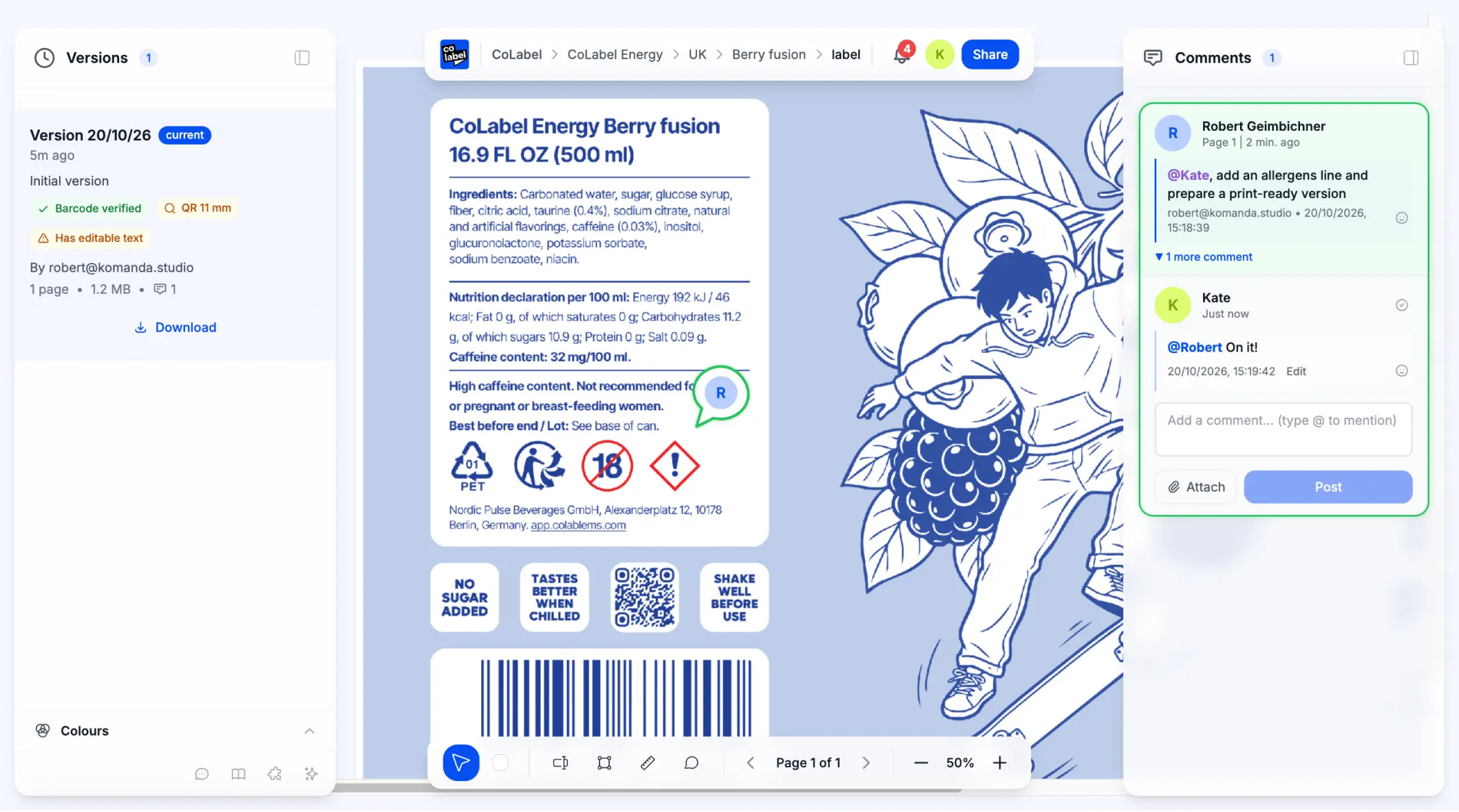 The designer’s reply in the comments, “On it!”, under the change request