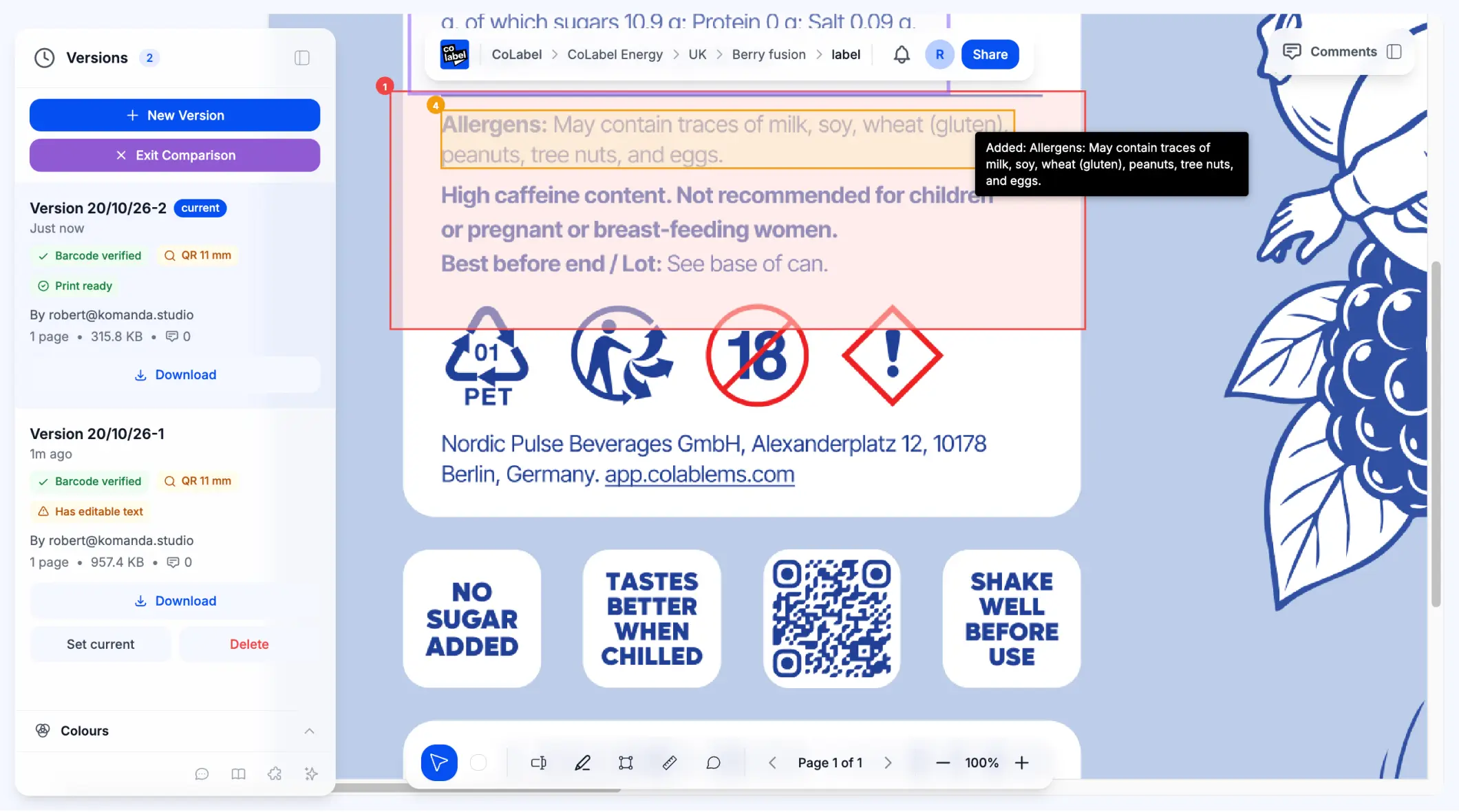 The new version compared with the old one: the added allergens line highlighted on the label