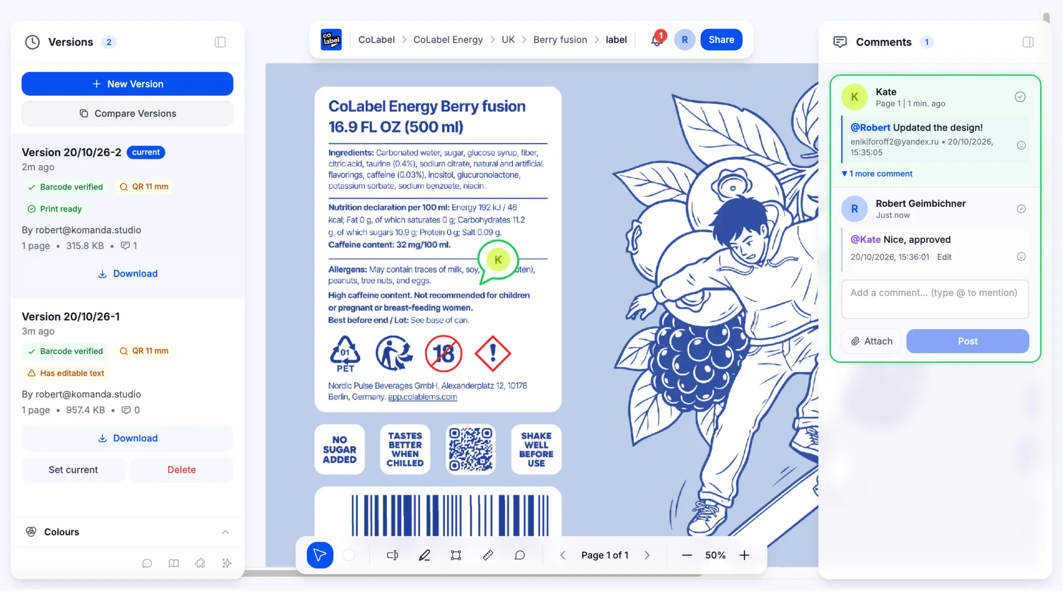 The designer’s “Updated the design!” and the reply “Nice, approved” on the new, print-ready version