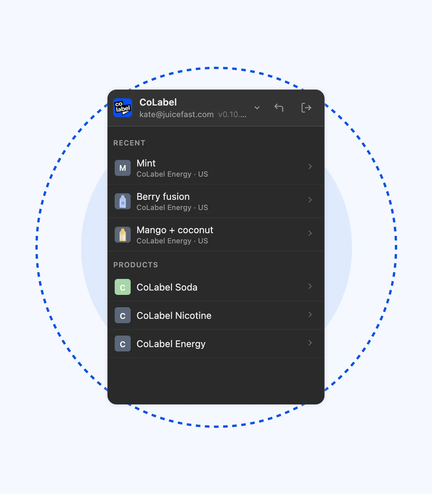 The CoLabel panel in Illustrator with recent labels and the product tree
